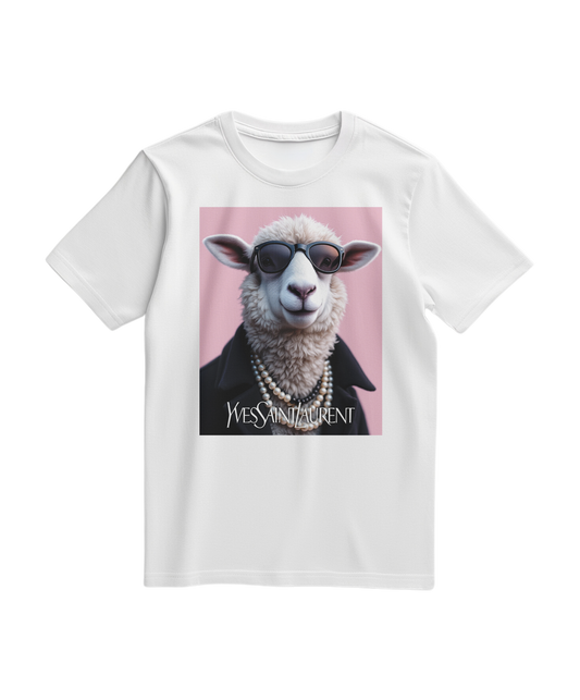 Camalestore camiseta branca com ícone de ovelha com pérola, design minimalista e confortável para o dia a dia.