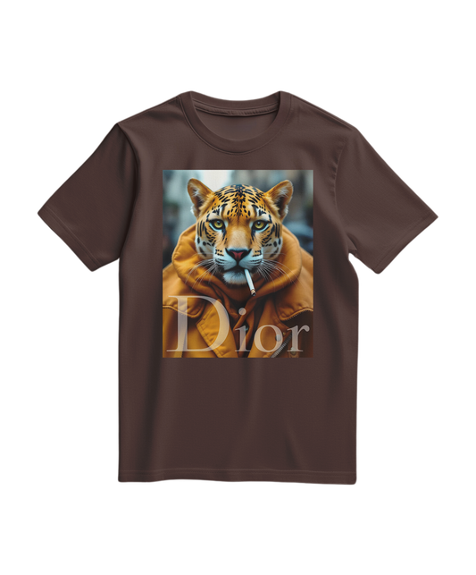 Camiseta Jaguar Raw da Camalestore, com estampa de onça em tom castanho, vista frente, tecido confortável e design moderno.
