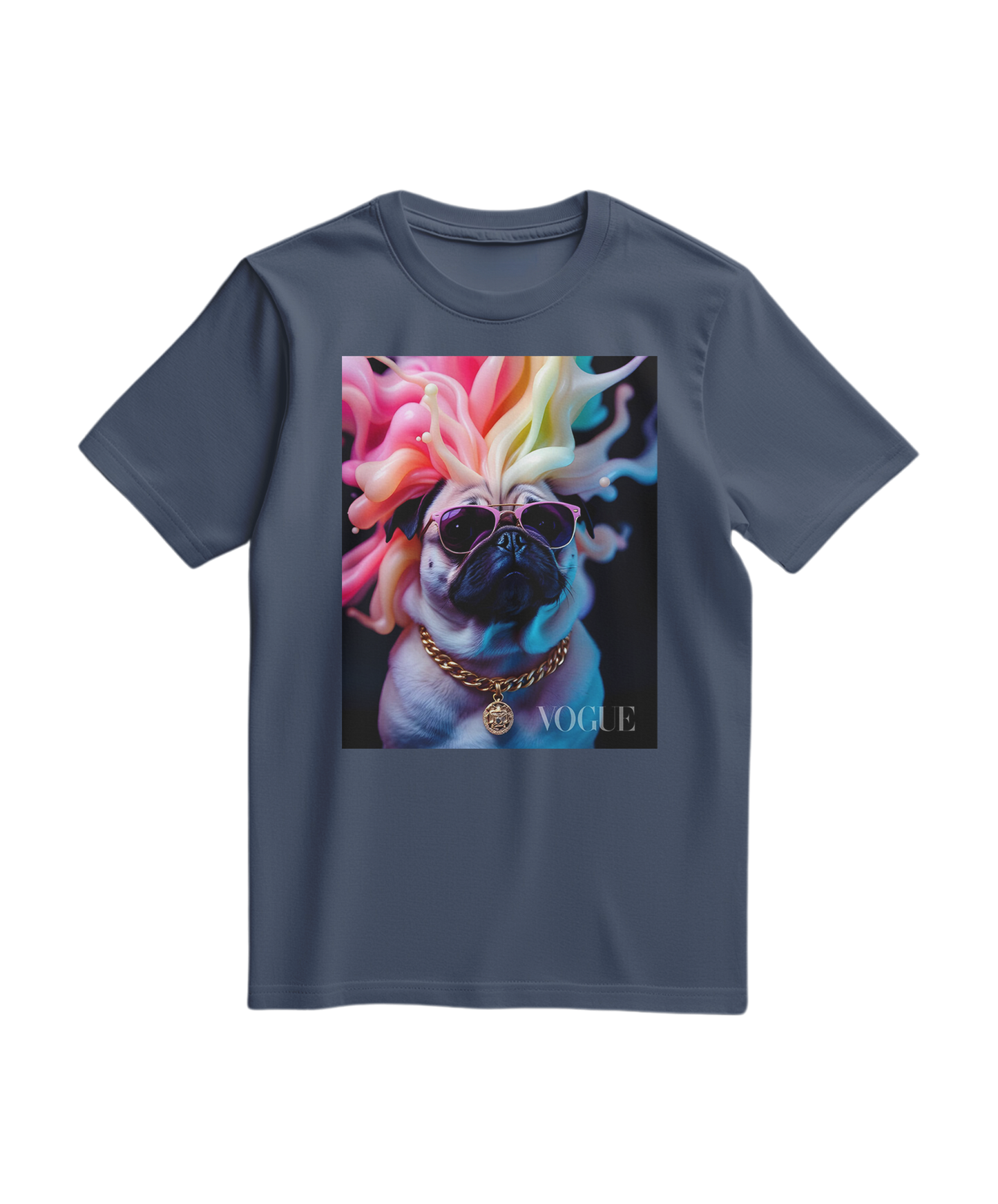 Camiseta azul escura Pug Chromatic Elite da Camalestore, com estampa de pug colorida e detalhes modernos.