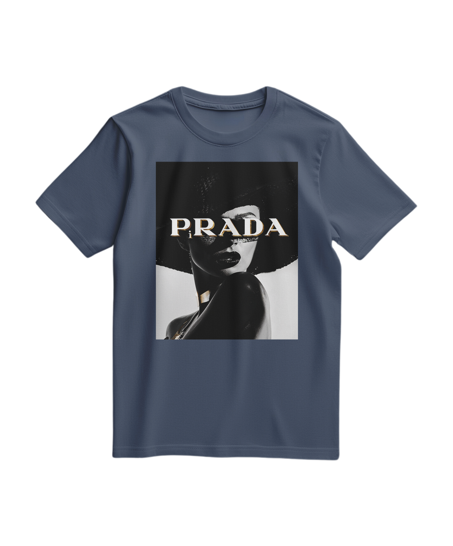 Camalestore camiseta Shadow Couture Muse azul escuro, modelo casual de manga curta com estampa moderna na frente.