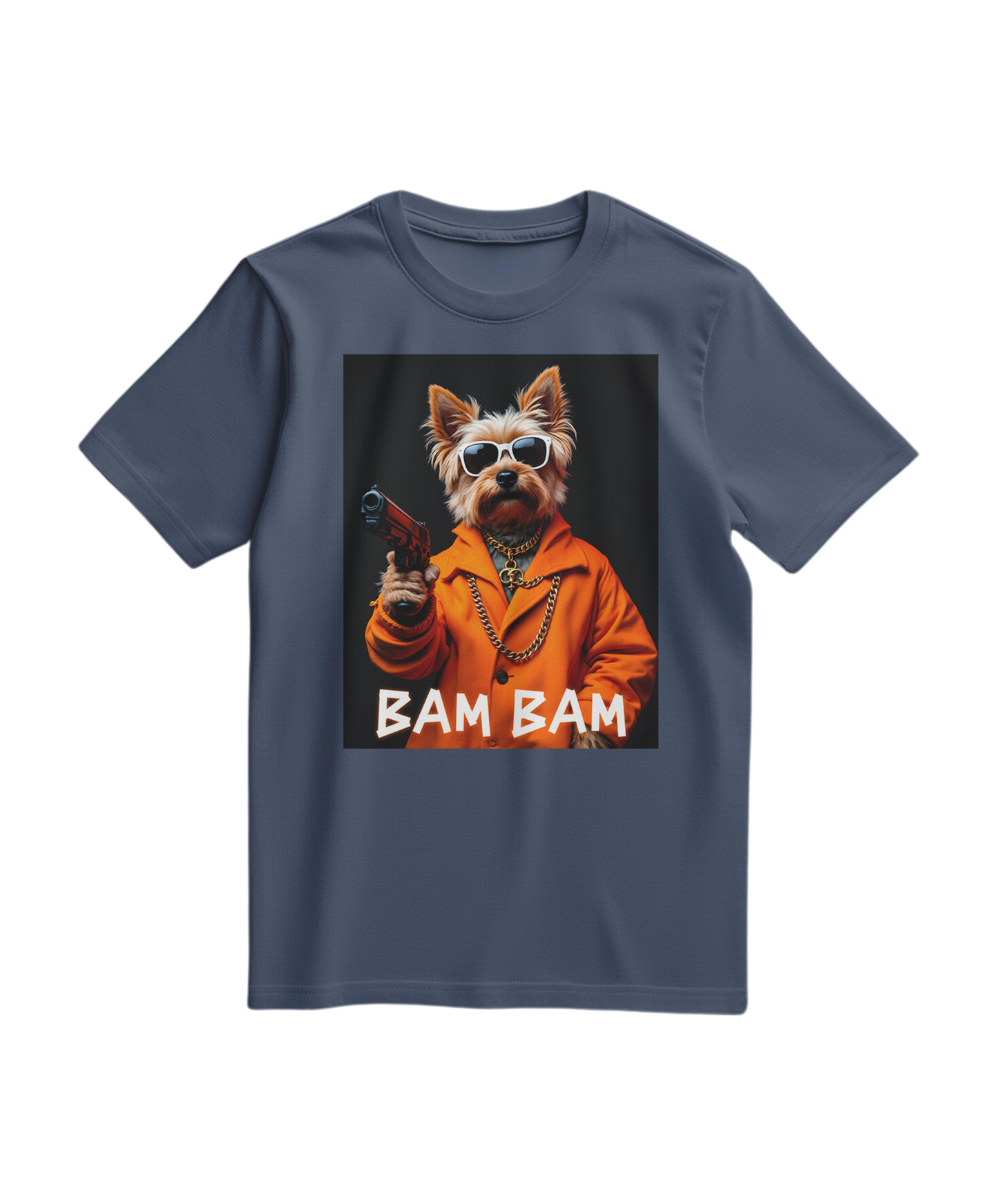 Camalestore camiseta azul escura Bam Bam Gangster com estampa frontal, tecido de algodão confortável e design casual.
