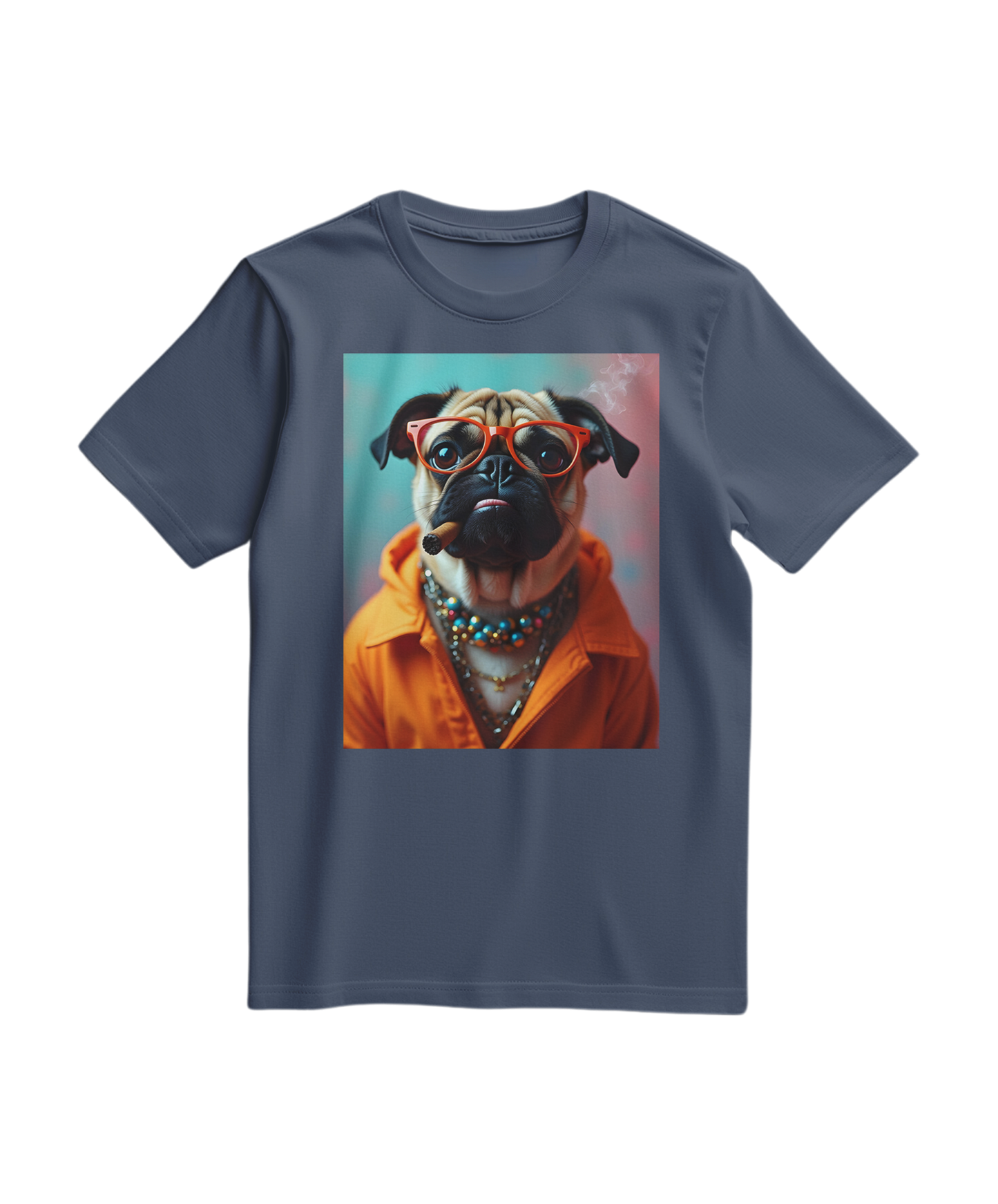 Camiseta laranja Pug Rebel da Camalestore, com estampa de pug e detalhes coloridos, vista em fundo branco