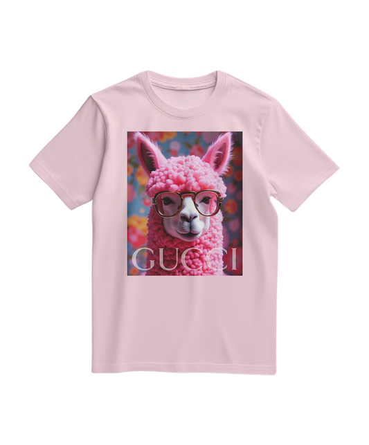 T-shirt rosa claro da Camalestore com ícone de alpaca estampado na frente, tecido confortável e estilo casual.