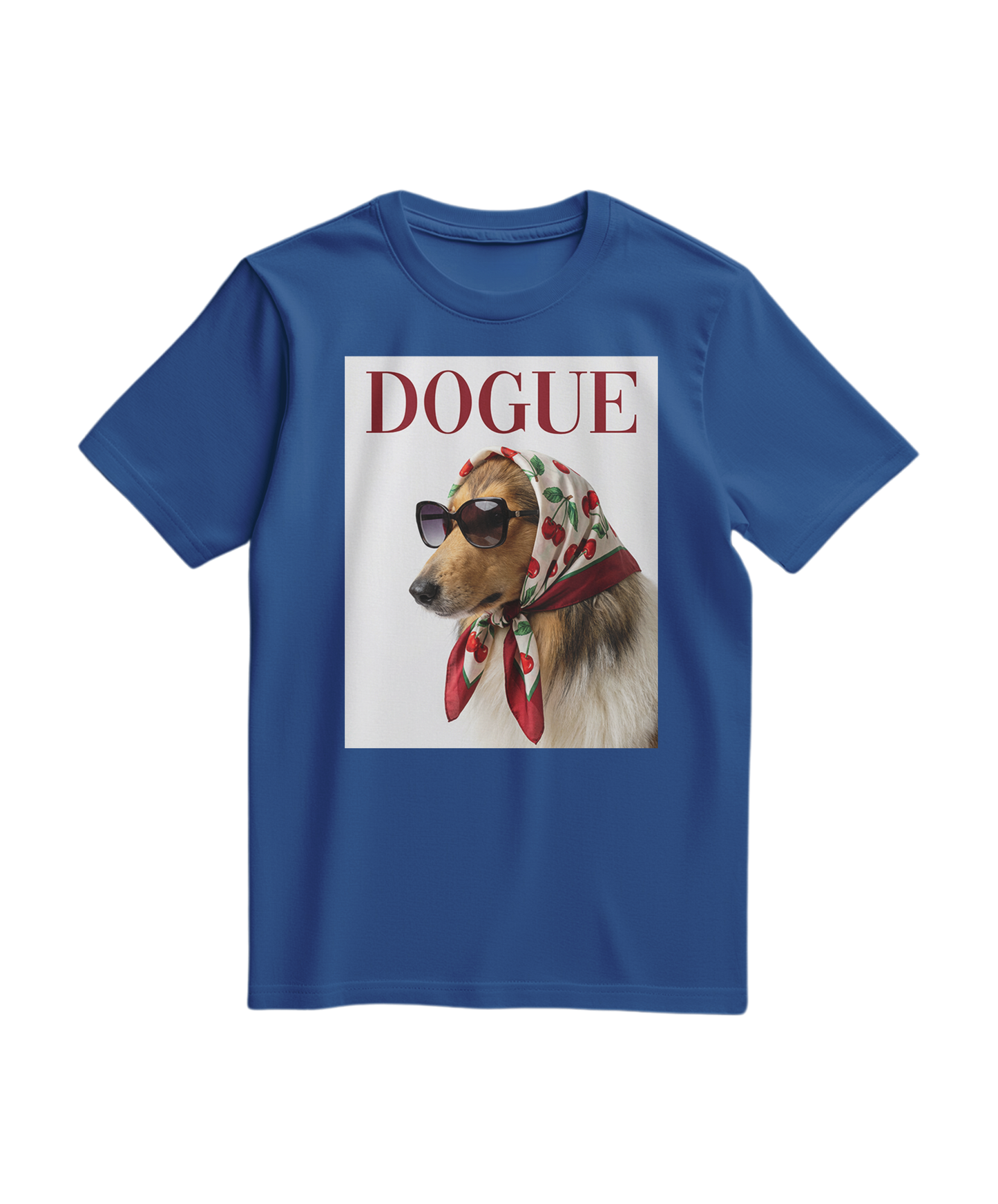 T-shirt vintage Dogue Muse azul royal, com estampa de cão, da marca Camalestore, em tecido de algodão confortável.
