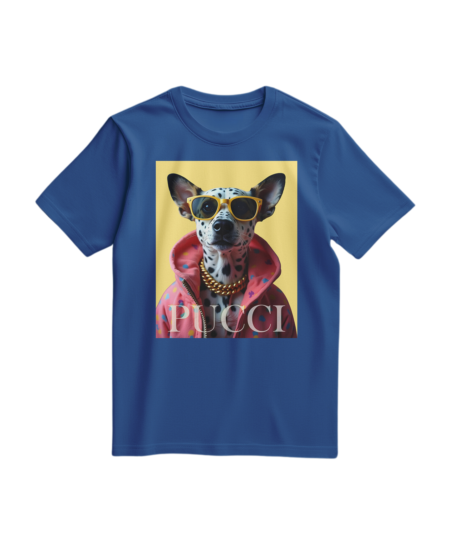 T-shirt azul royal com estampa de dálmata da Camalestore, estilo casual e confortável para o dia a dia.