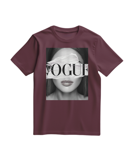 Camalestore T-shirt V Eyes vinho com estampa gráfica nas costas, camiseta casual de algodão para uso diário.