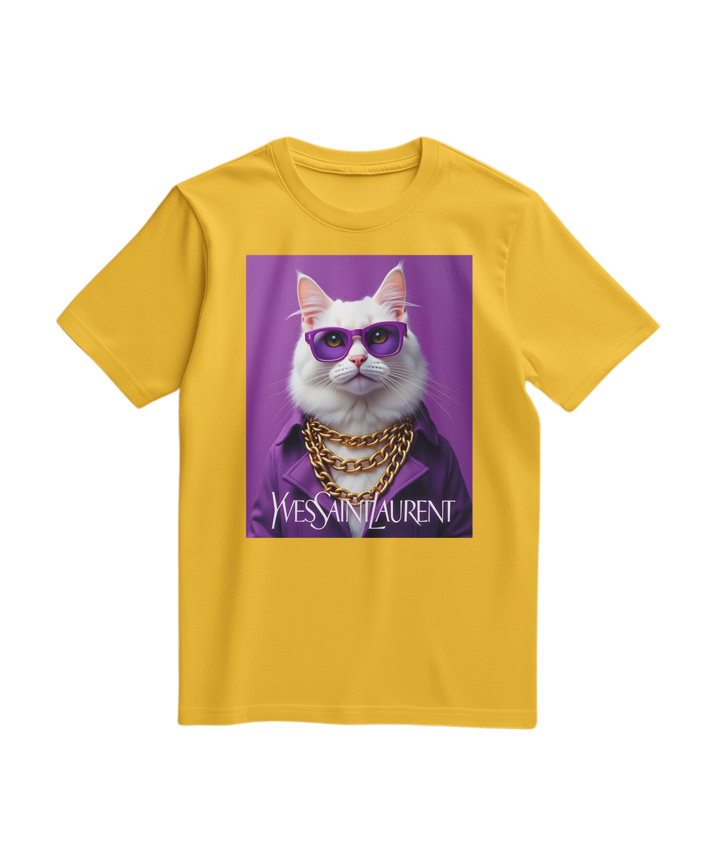 T-shirt amarela Glamour Cat da Camalestore com estampa de gato elegante, confortável e de estilo casual para moda feminina.