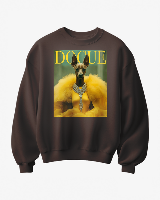 Sweatshirt Dogue Yellow Edition da Camalestore, vista frontal com cor amarela e detalhes de tecido confortável para cães.