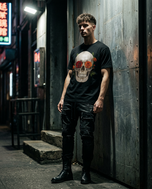 Camiseta Skull Rose da Camalestore, modelo posando com silhueta forte e iluminação cinematográfica, estilo assimétrico.