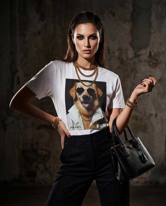 Camiseta Golden Style da Camalestore, modelo posando com silhueta forte, iluminação cinematográfica e composição assimétrica.