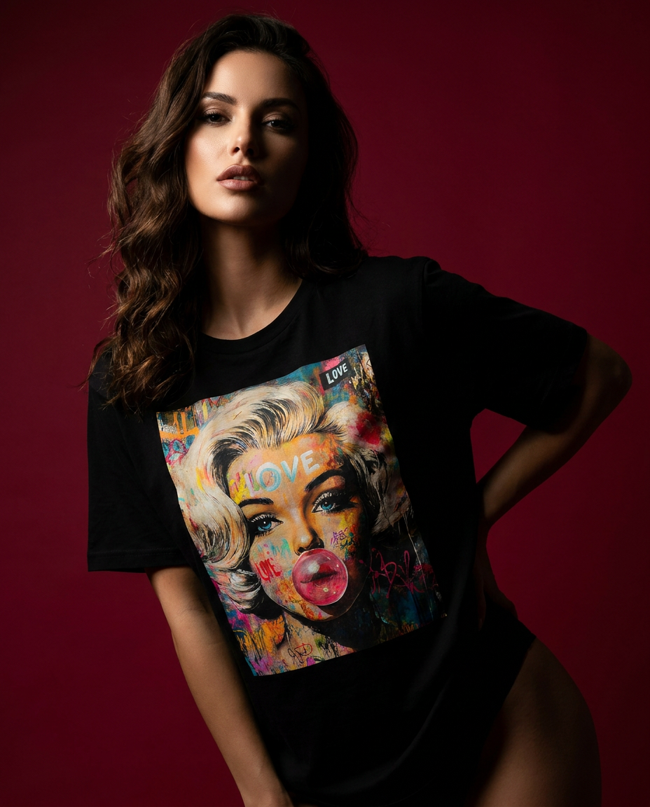 Camiseta Marilyn Pop Rebel da Camalestore com estampa artística, gola redonda e tecido de algodão, vista frontal.