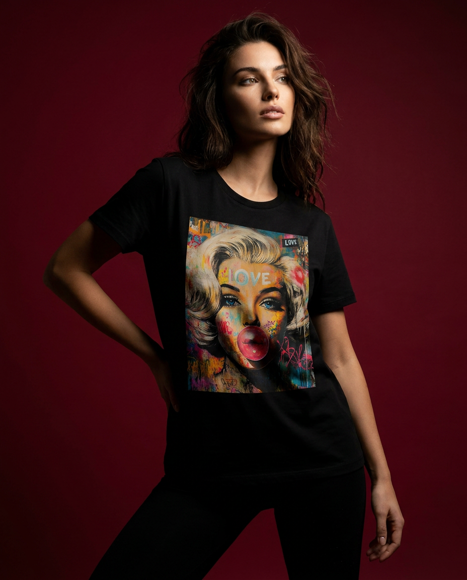 Camiseta Marilyn Pop Rebel da Camalestore, t-shirt preta com estampa de Marilyn Monroe em estilo pop art, vista frontal.