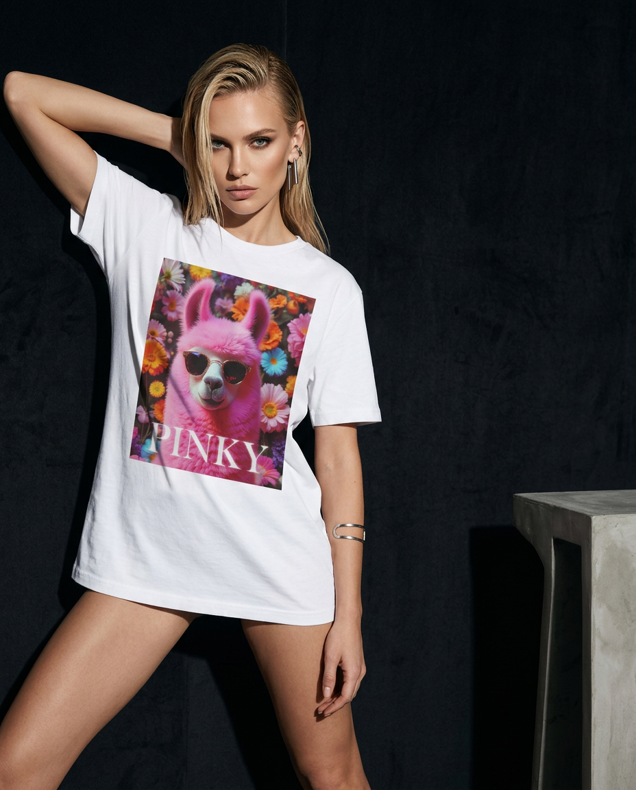 T-shirt rosa da Camalestore com estampa de lhama, modelo loira usando a camiseta em cenário com iluminação cinematográfica.