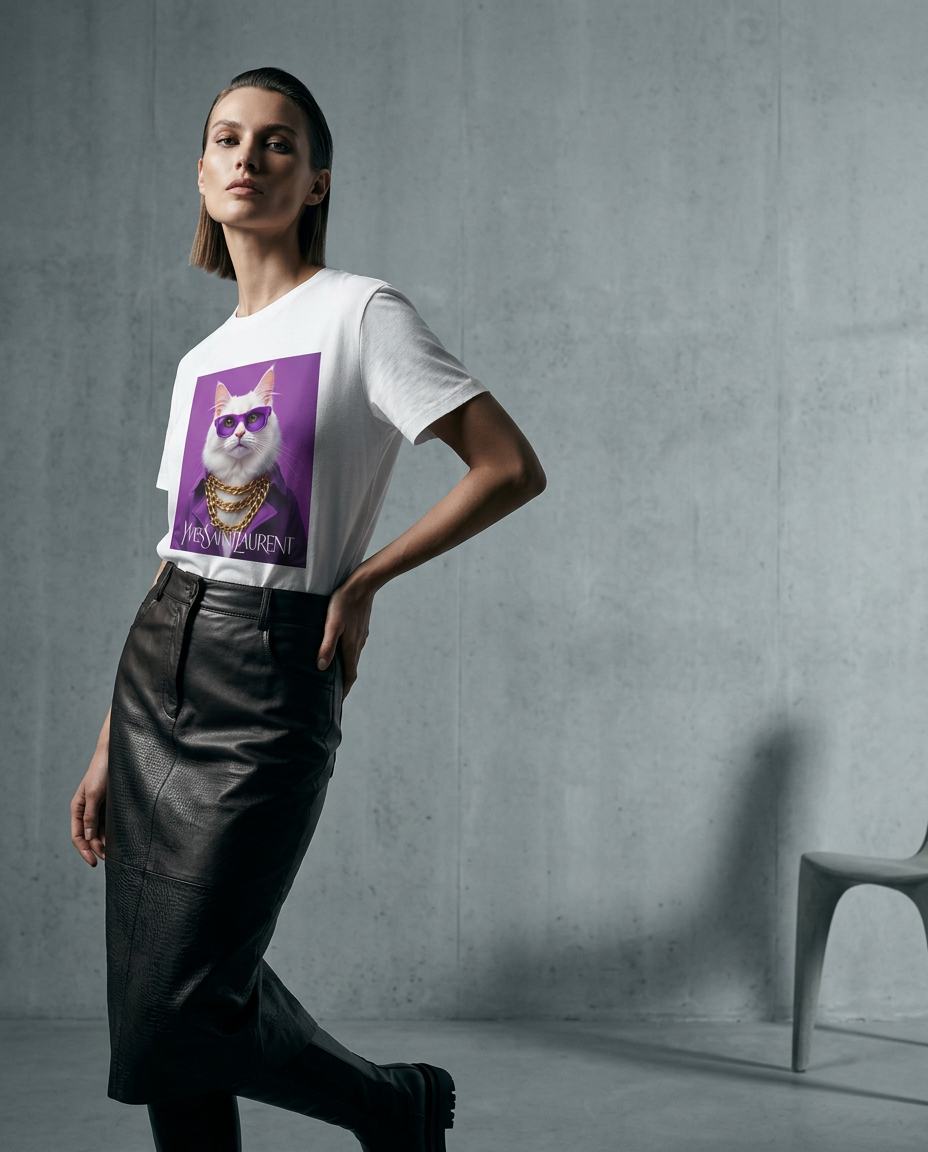 Camiseta Feline Drip da Camalestore, modelo feminina usando camiseta minimalista em estúdio com iluminação cinematográfica.