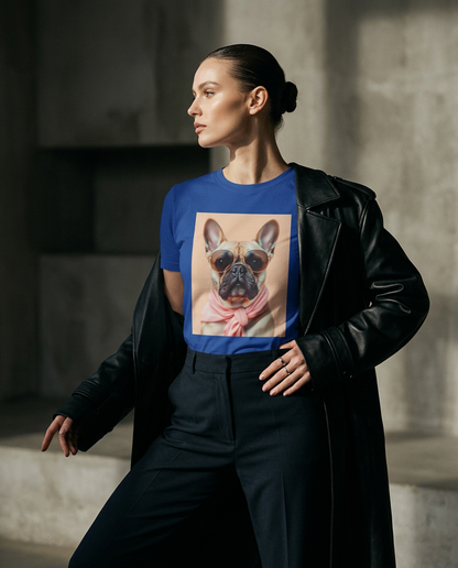 T-shirt Royal Muse da Camalestore, modelo feminino usando camiseta com silhueta forte, iluminação cinematográfica e composição assimétrica
