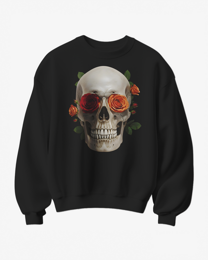 Sweatshirt Camalestore Skull Rose com estampa de caveira e rosas, em tecido confortável, em cores escuras e detalhes detalhados.