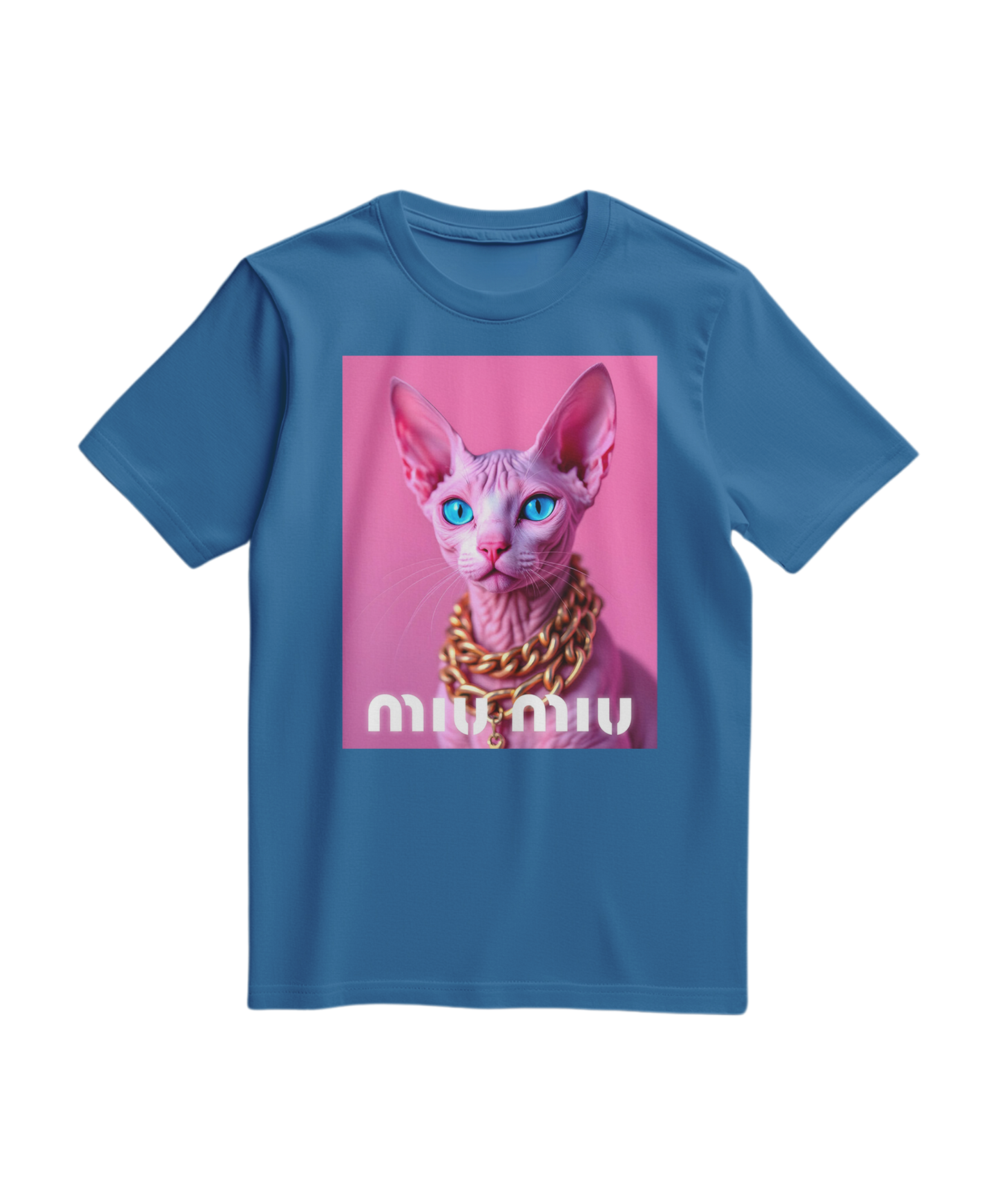 Camalestore camiseta rosa com detalhes dourados e estampa de sphynx, tecido leve em azul royal claro.