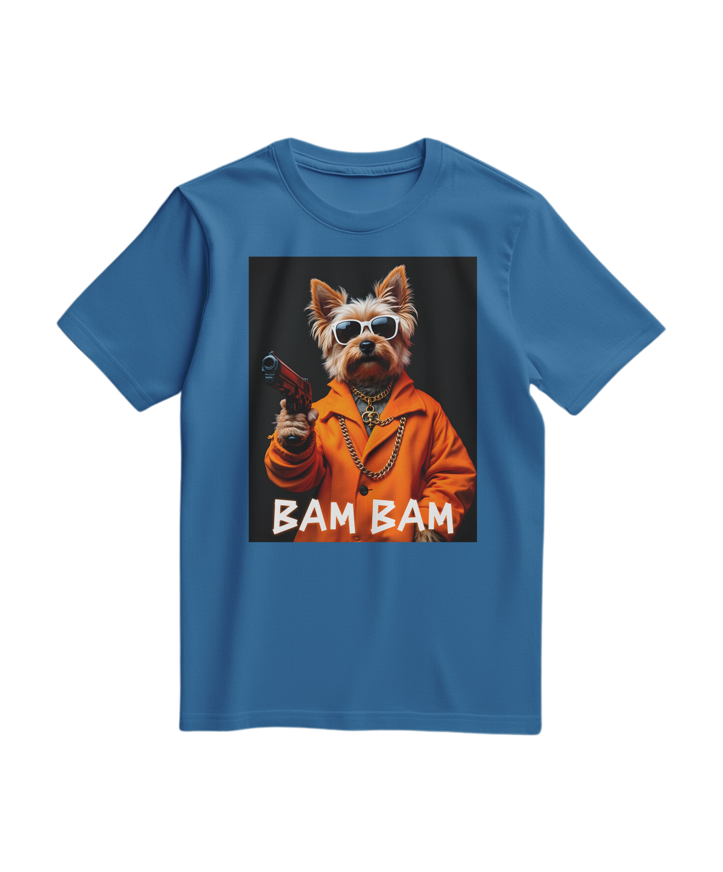 Camiseta Bam Bam Gangster da Camalestore em azul royal claro, com estampa gráfica na frente, tecido confortável e estilo casual.