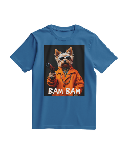 Camiseta Bam Bam Gangster da Camalestore em azul royal claro, com estampa gráfica na frente, tecido confortável e estilo casual.