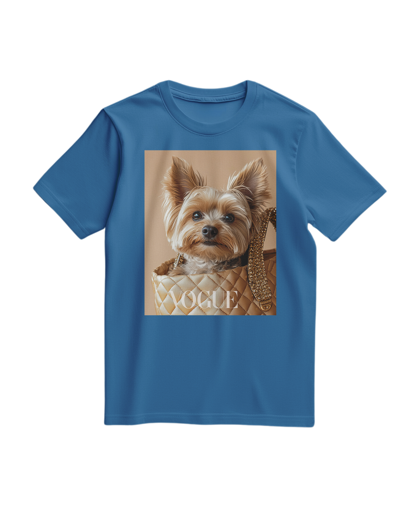 Camiseta azul royal clara com estampa de um yorkie, da marca Camalestore, vista frontal em tecido macio.