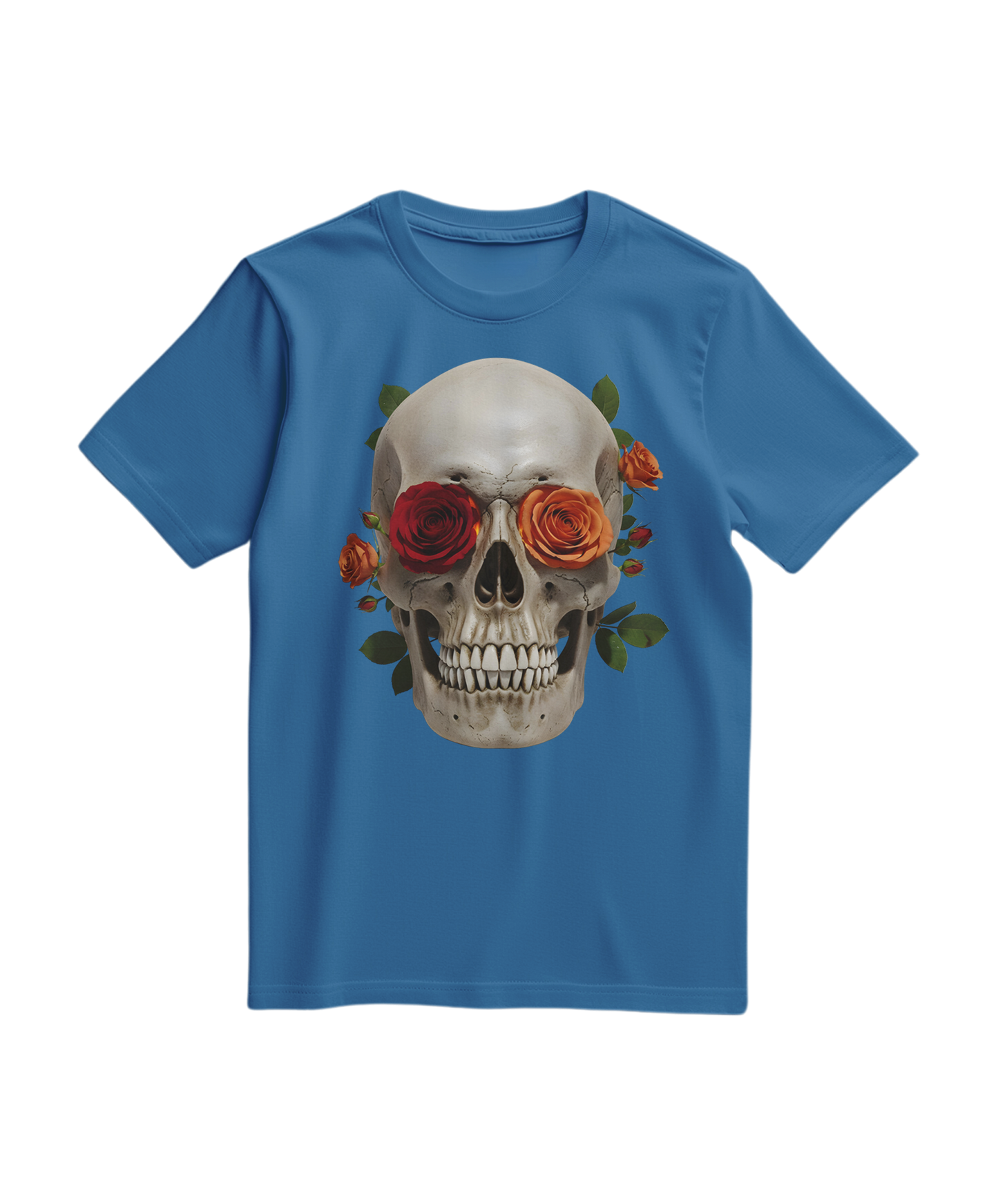 Camiseta Skull Rose da Camalestore em azul royal claro, com estampa de caveira e rosa, modelo de manga curta e tecido confortável