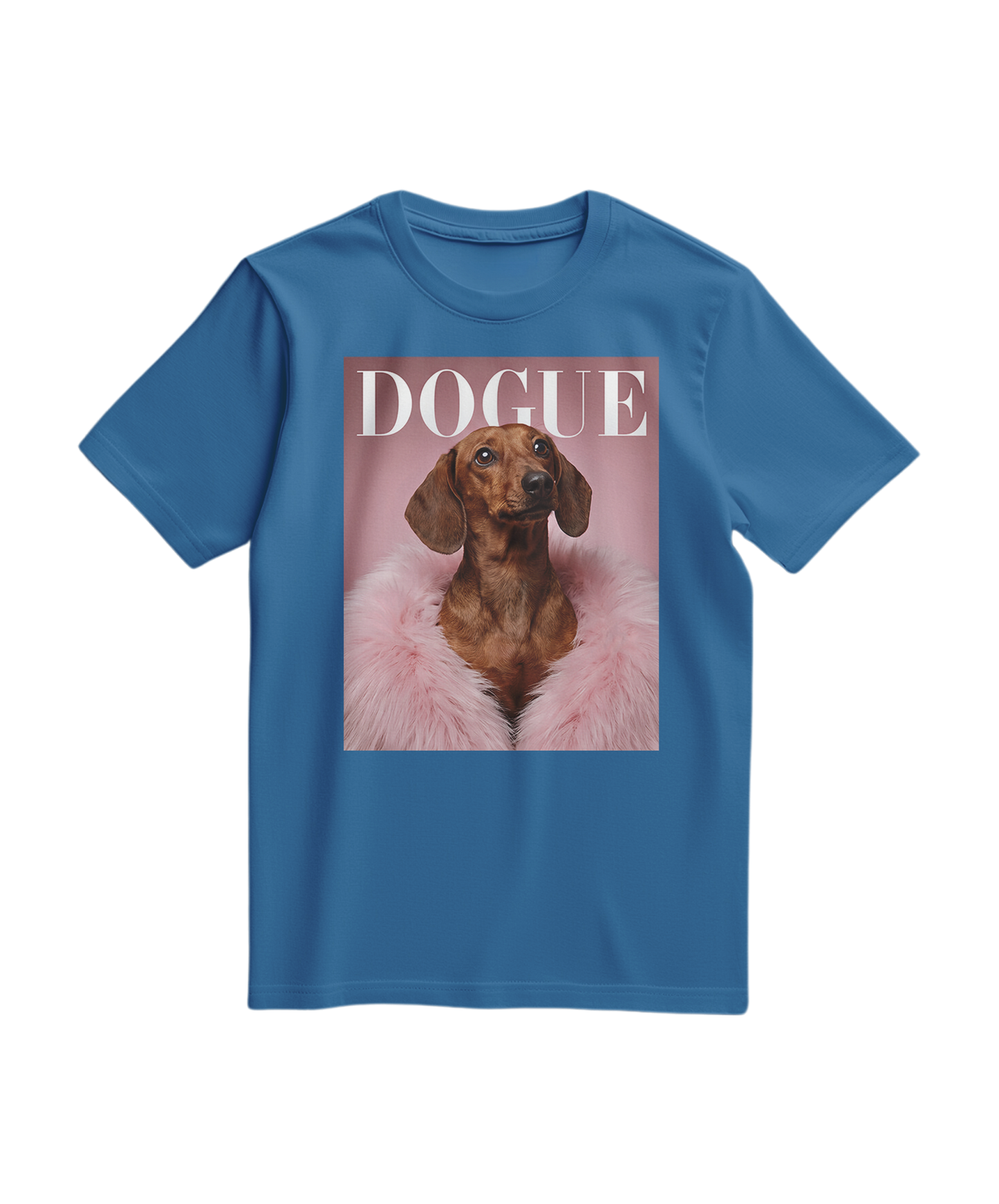 Camiseta Dachshund Muse azul royal leve, tecido confortável, com estampa de cão na frente, para um visual casual e estiloso.