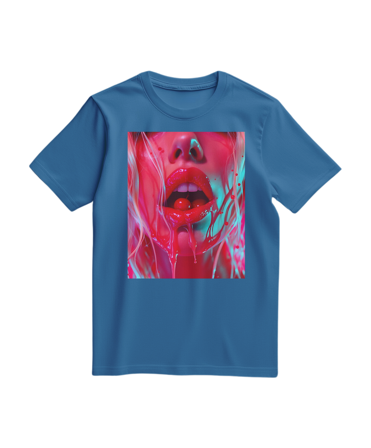 Camiseta azul royal da Camalestore com estampa de cereja Cherry Glaze, tecido leve e confortável, vista frontal.