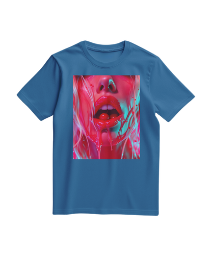 Camiseta azul royal da Camalestore com estampa de cereja Cherry Glaze, tecido leve e confortável, vista frontal.
