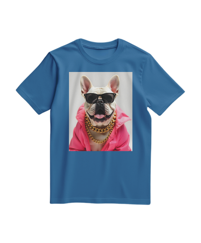 Camiseta Bulldog Azure Pop da Camalestore em azul royal claro, com estampa colorida de cachorro na frente.