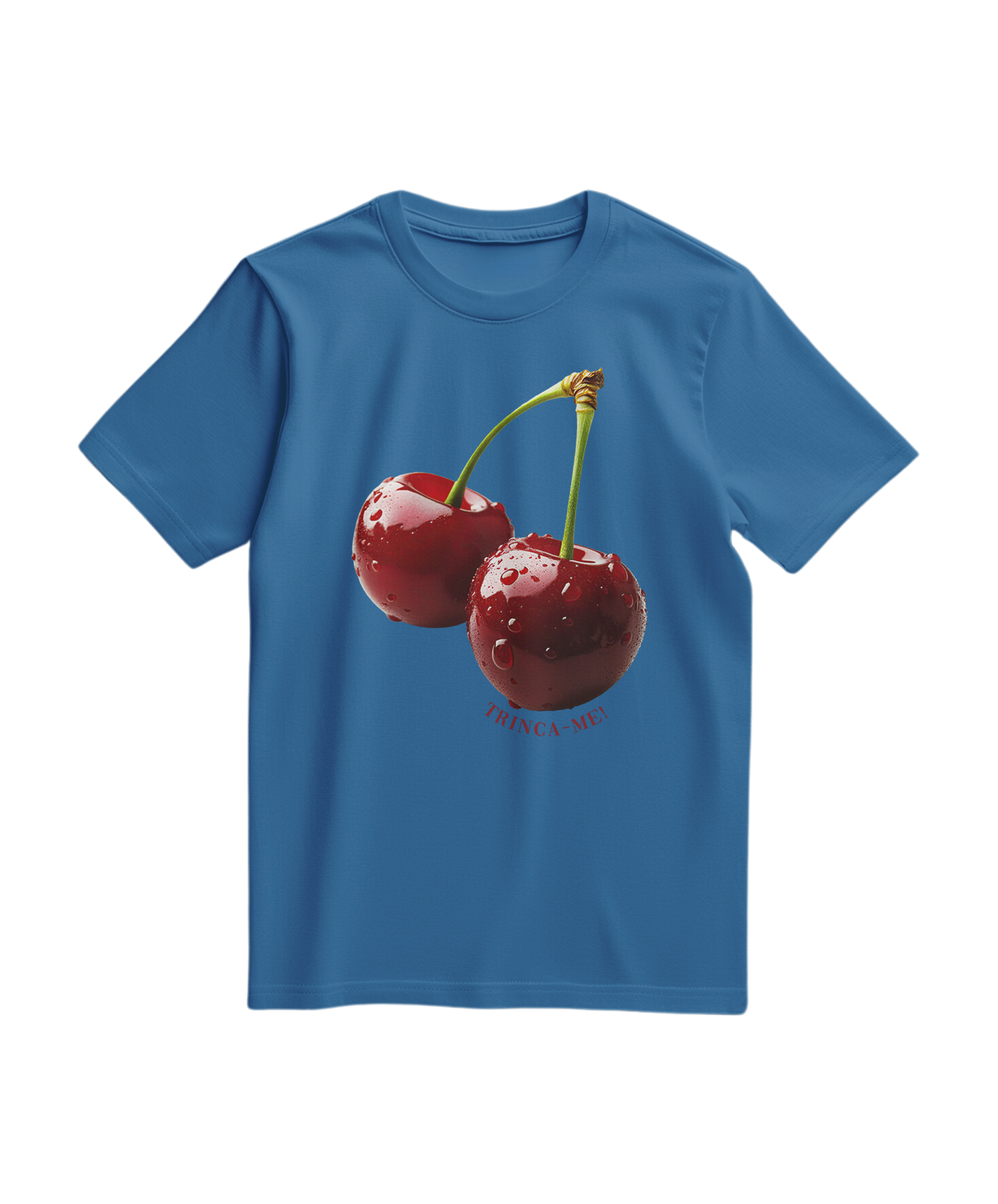 Camiseta azul royal com estampa de cereja e frase "Bite Me", t-shirt casual da marca Camalestore.