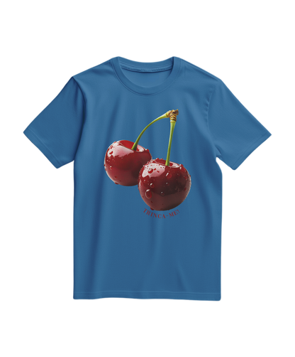 Camiseta azul royal com estampa de cereja e frase "Bite Me", t-shirt casual da marca Camalestore.
