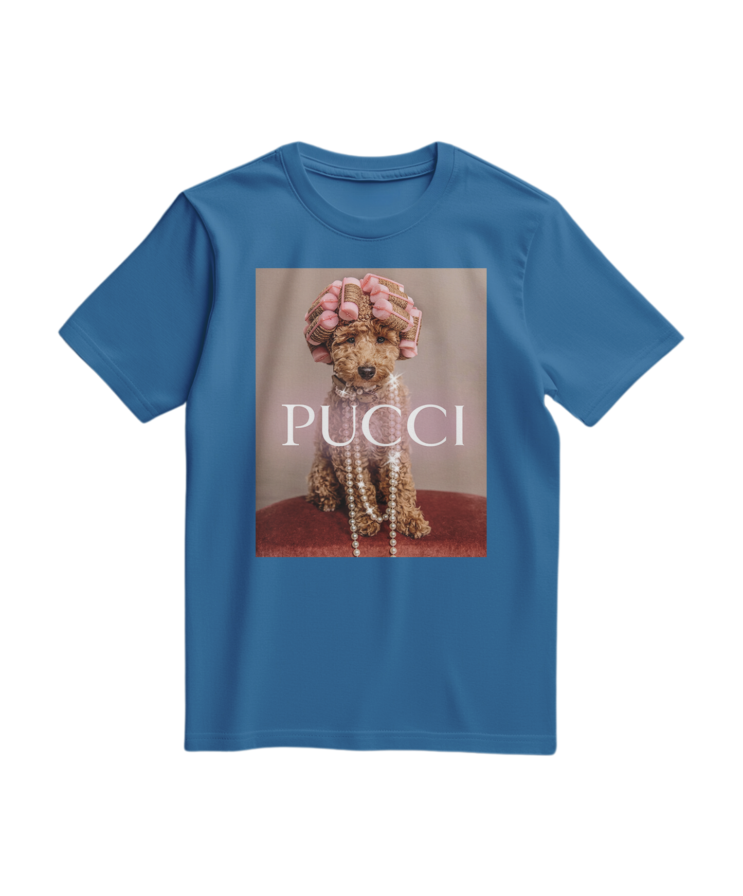 Camalestore T-shirt Poo Glam azul royal claro, com estampa divertida, tecido confortável e ajuste casual.