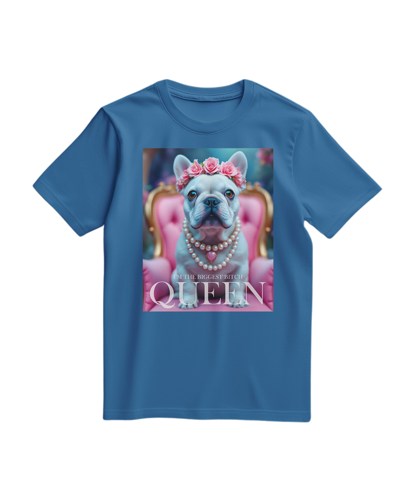 Camiseta Frenchie Queen da Camalestore em azul royal claro, com estampa de um cachorro French Bulldog com coroa.