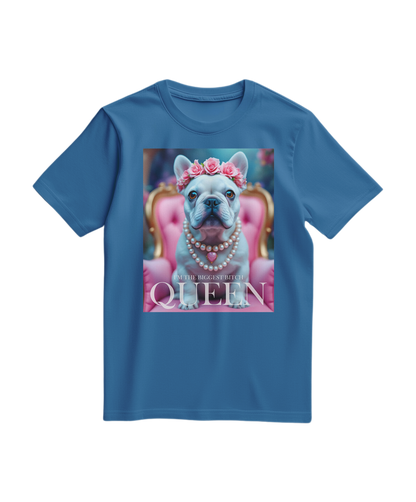Camiseta Frenchie Queen da Camalestore em azul royal claro, com estampa de um cachorro French Bulldog com coroa.