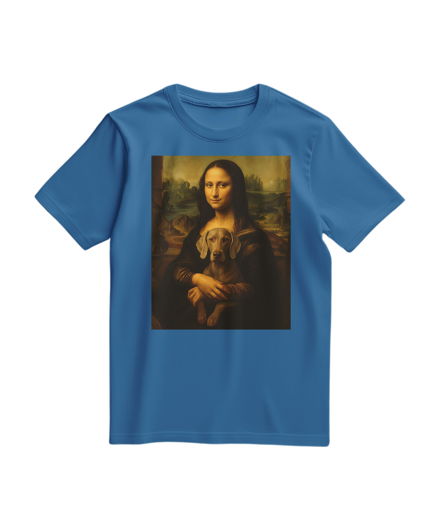 Camiseta Mona Wei azul royal clara, estilo casual, com estampa na frente, feita pela marca Camalestore.