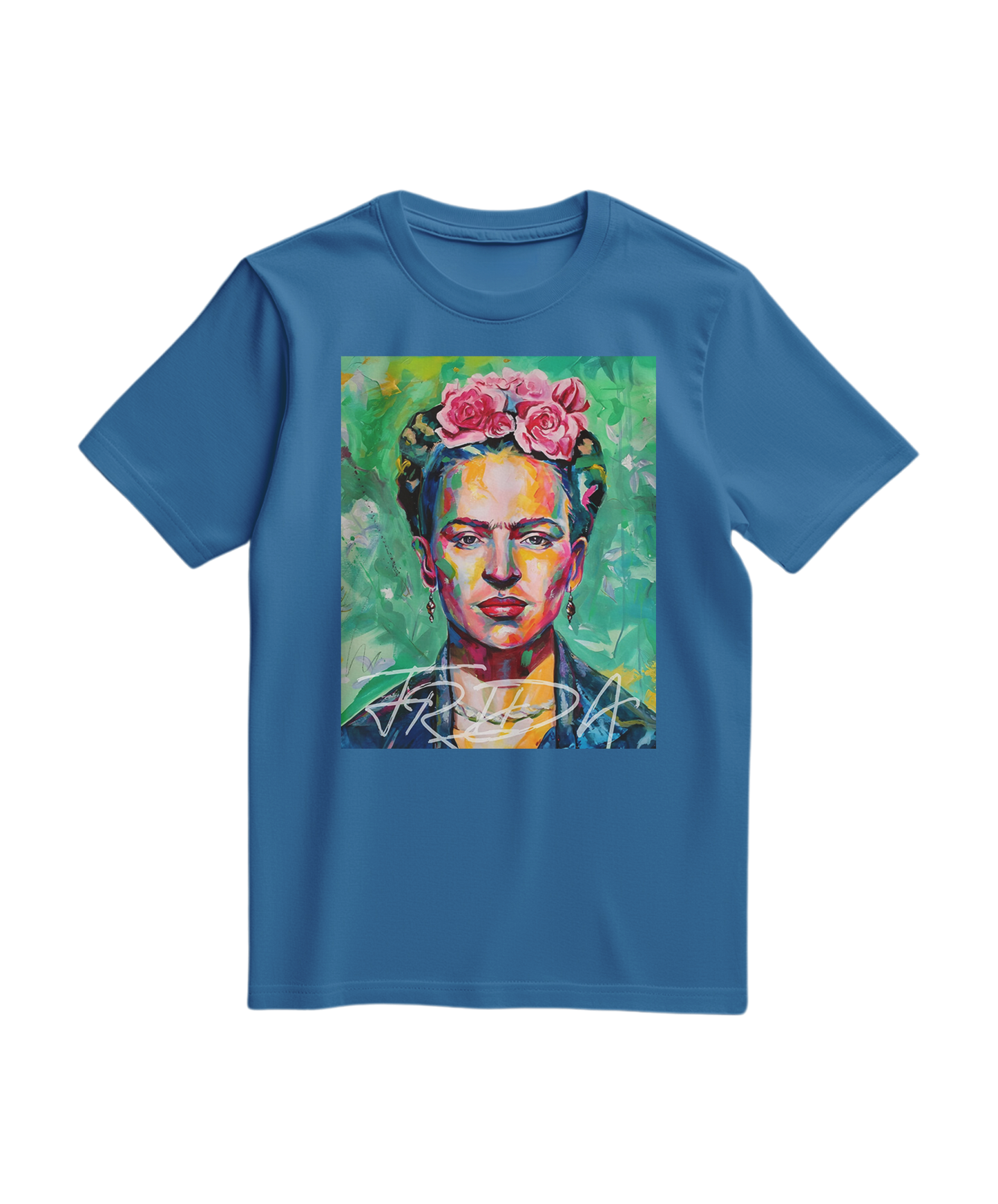 Camiseta Kahlo Chromatic da Camalestore em azul royal claro, com estampa colorida e detalhes artísticos visíveis na imagem.