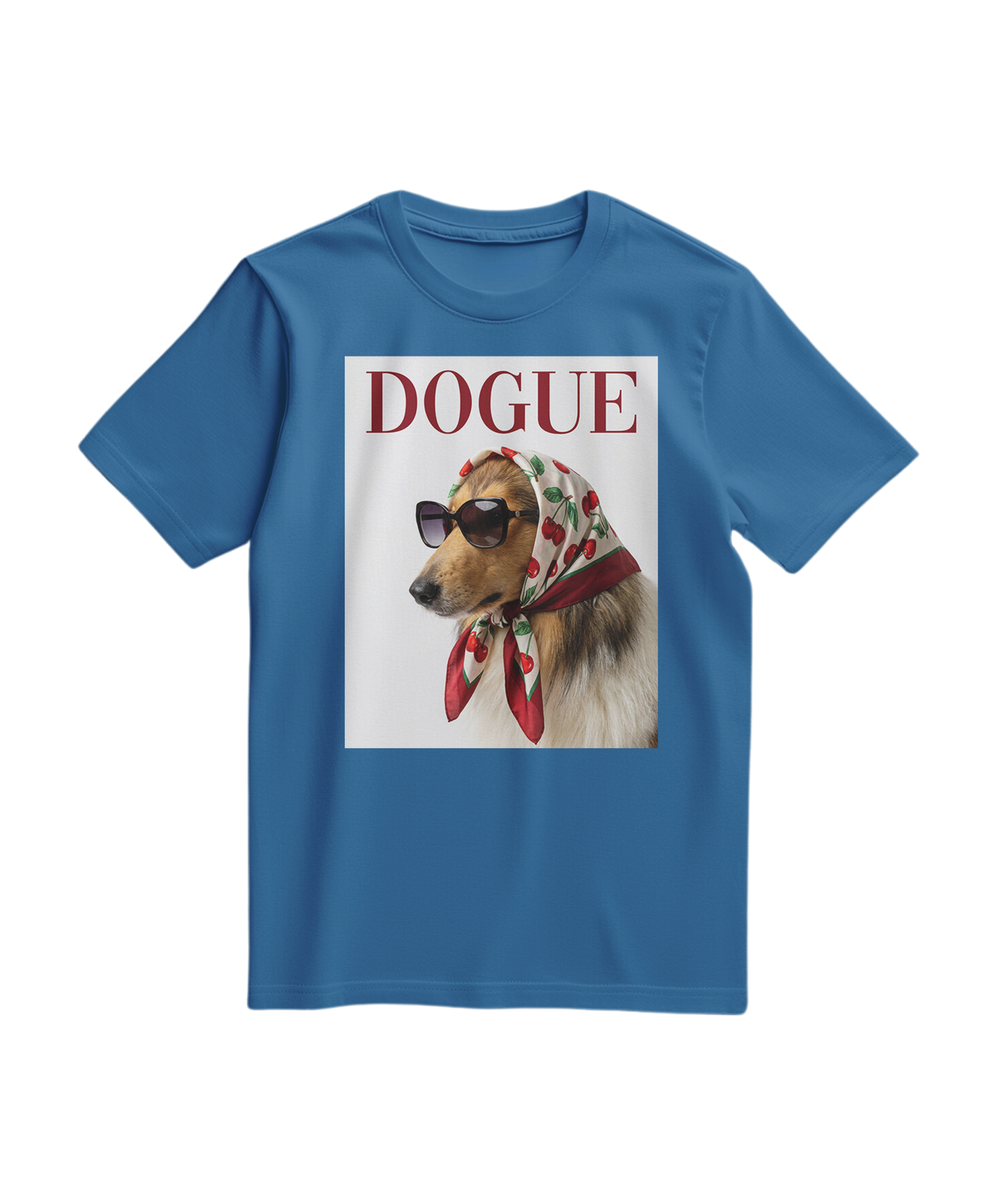 T-shirt vintage Dogue Muse de cor azul royal claro com estampa de cachorro, da marca Camalestore.