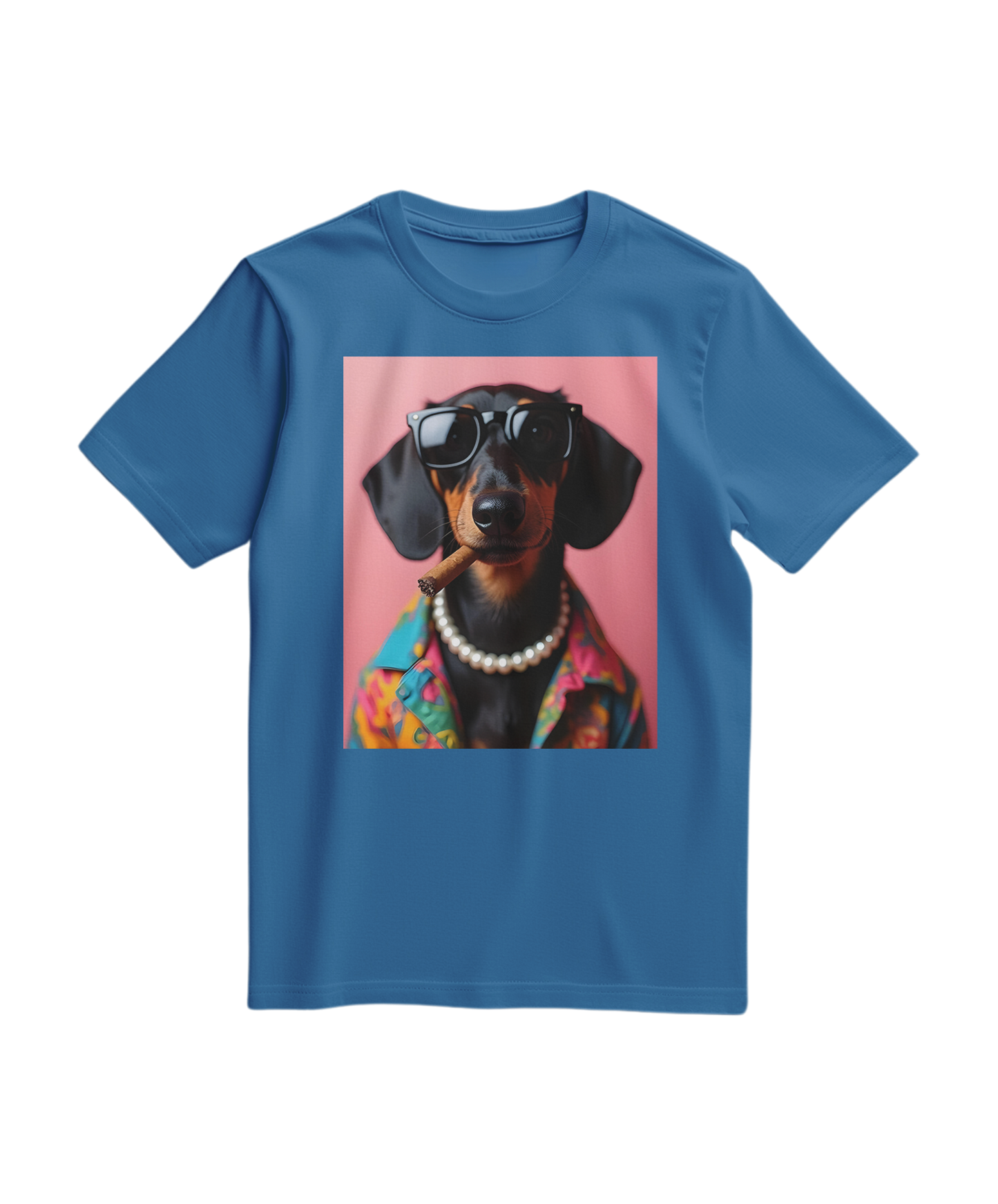Camiseta azul royal com estampa de Dachshund fumando, camiseta casual da marca Camalestore, vista frontal.