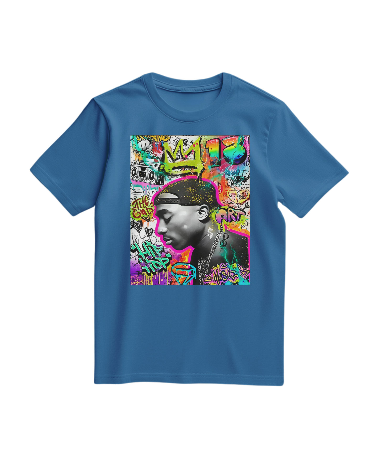 Camiseta Graffiti Crown da Camalestore em azul claro, com estampa de coroa artística e estilo casual para homens e mulheres.