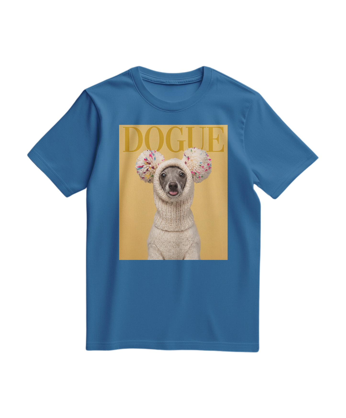 Camiseta azul royal com estampa de cachorro Dogue, estilo casual, de marca Camalestore, vista em fundo branco.