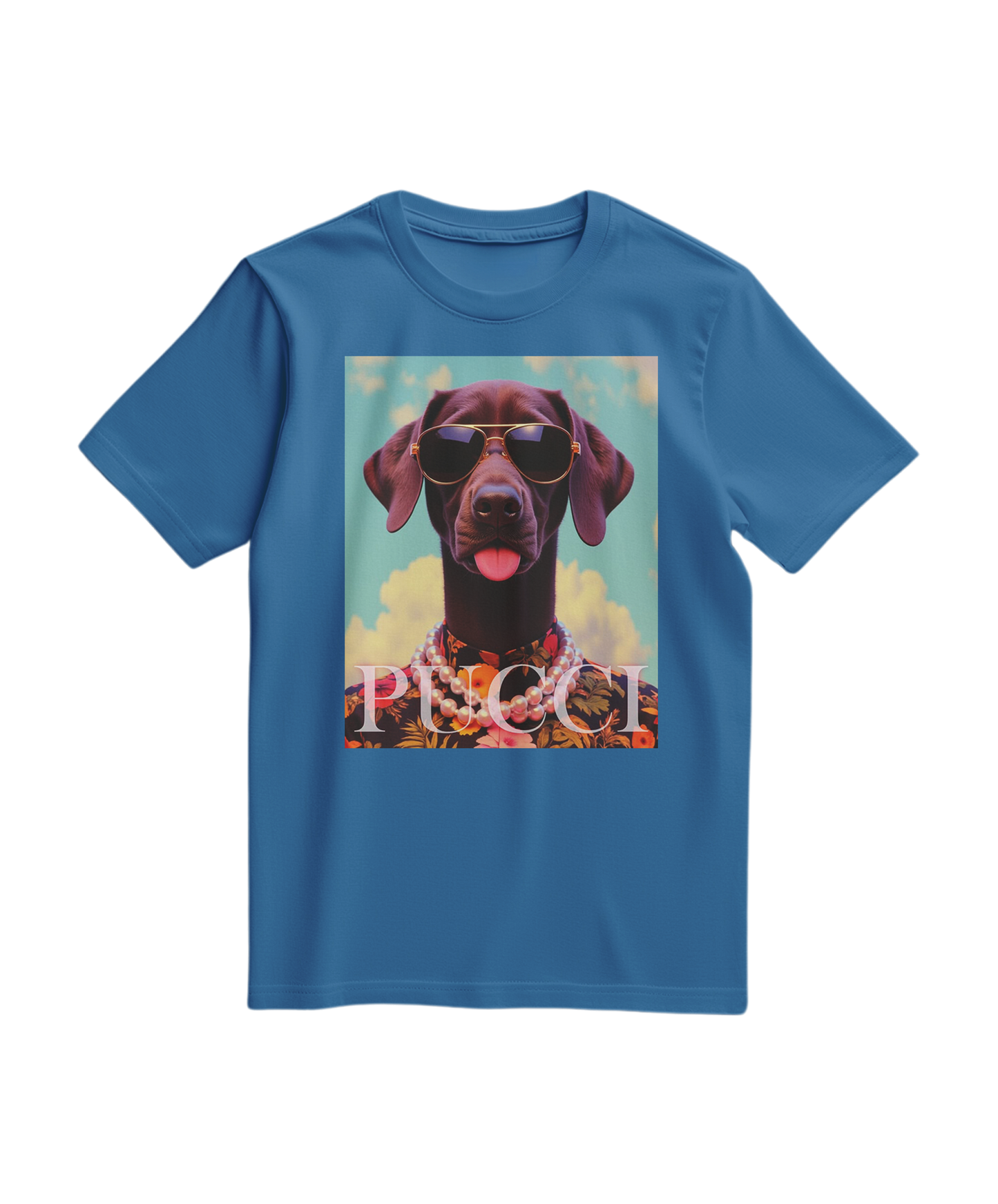 Camiseta Tropical Pooch da Camalestore em azul royal claro, com design de cão tropical, para um visual descontraído e colorido.