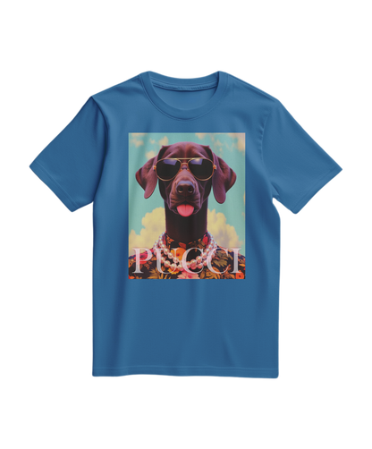 Camiseta Tropical Pooch da Camalestore em azul royal claro, com design de cão tropical, para um visual descontraído e colorido.