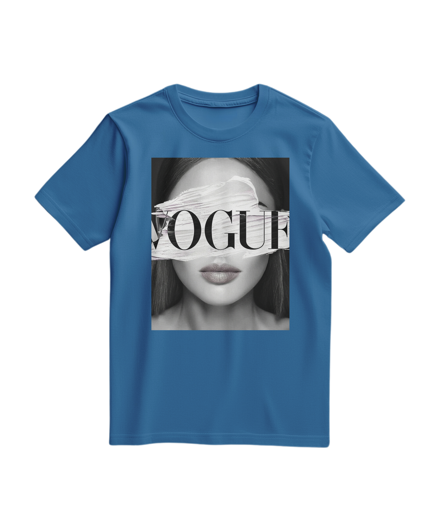 Camiseta azul royal com estampa de olhos V, feita pela Camalestore, vista frontal em fundo branco.