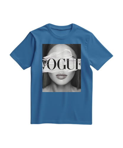 Camiseta azul royal com estampa de olhos V, feita pela Camalestore, vista frontal em fundo branco.