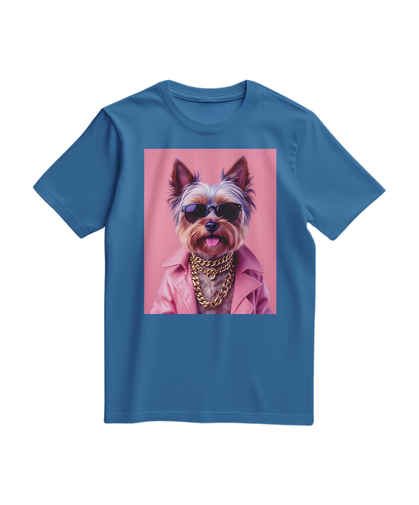 Camiseta azul royal com estampa de rua de um Yorkie, estilo street icon, da marca Camalestore, vista frontal.