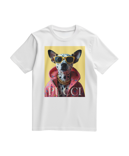 T-shirt branco da Camalestore com estampa de dálmata hip, design casual e confortável, ideal para looks descontraídos.