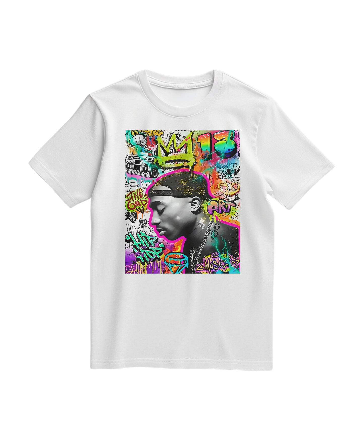 Camiseta branca Camalestore com estampa de grafite e coroa, camiseta casual de estilo urbano e moderno.