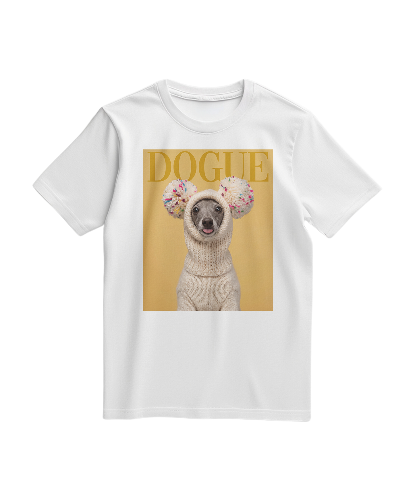 T-shirt branca Camalestore com estampa de cachorro Dogue Balaclava, tecido confortável e design casual para uso diário.