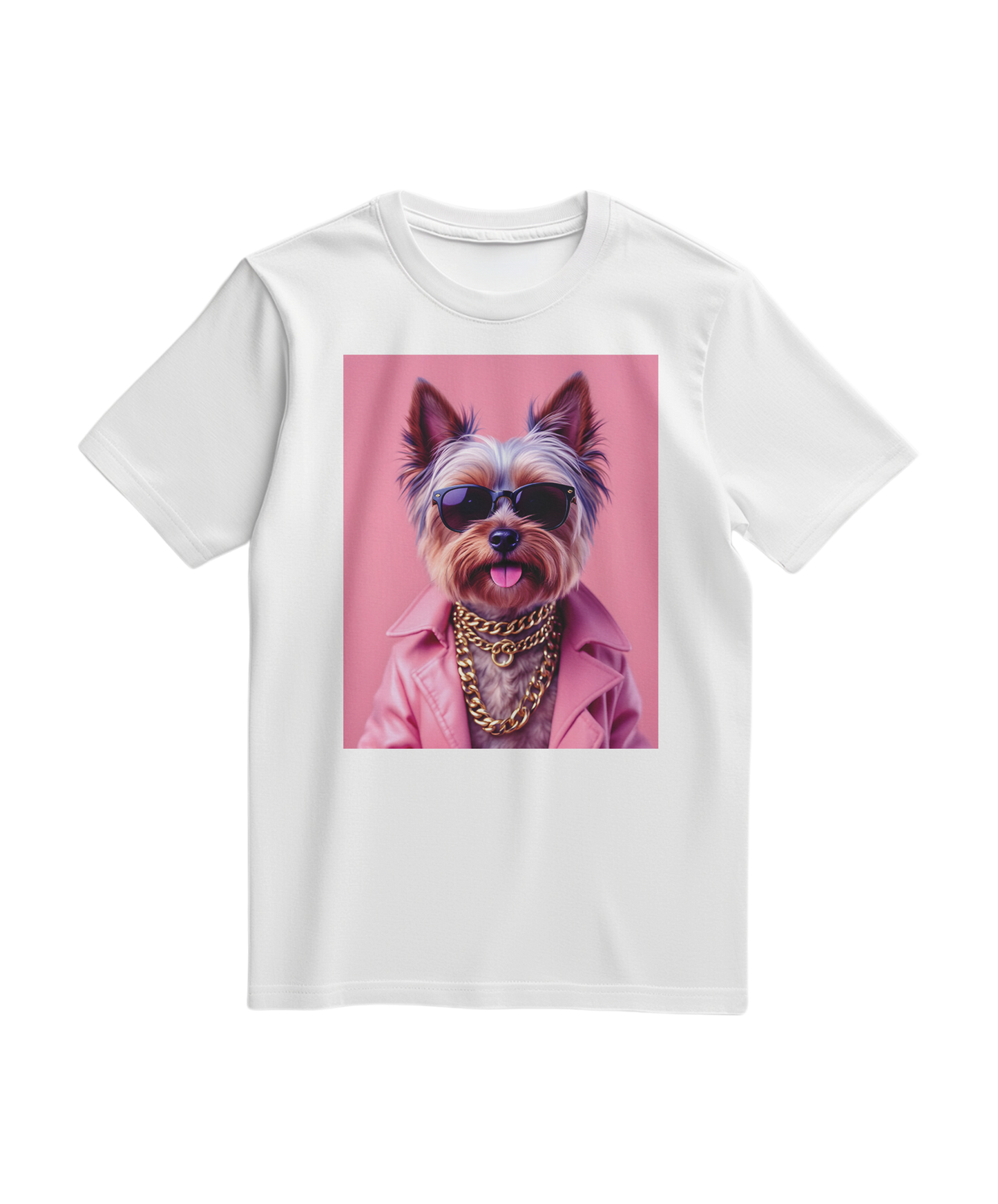 Camiseta branca Yorkie Street Icon da Camalestore, t-shirt casual com estampa de cachorro Yorkie na frente, visual moderno.