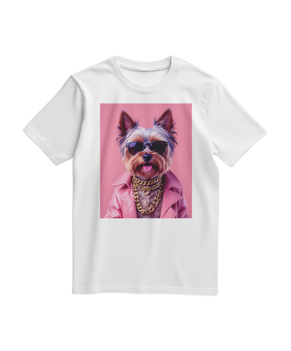 Camiseta branca Yorkie Street Icon da Camalestore, t-shirt casual com estampa de cachorro Yorkie na frente, visual moderno.